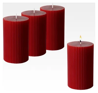 Produktbild von Stumpenkerze aus Echtwachs 10 x 6 cm geriffelt 4er Set - rot - unbeduftet - ca. 27 Stunden Brenndauer - Tischdekoration für Weihnachten