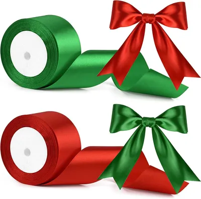Productafbeelding van 2 inch brede satijnen linten voor ambachten 2 rollen - Kerst satijnen lint effen rood groen linten