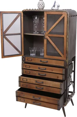 Obrázek produktu pro Vysoká skříň HWC-F91, lékárnická skříň do obývacího pokoje, průmyslové jedlové dřevo kov 128x60x33cm, hnědočerná barva