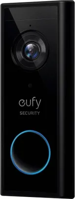 A black Eufy video doorbell with a blue illuminated ring.