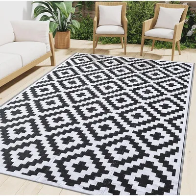 Zdjęcie produktu dla Dywan zewnętrzny, odporny na warunki atmosferyczne, 150x240 cm, czarno-biały, dwustronny, można prać, odporny na promieniowanie UV, wykonany z przetworzonego tworzywa sztucznego