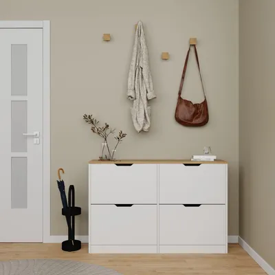 Produktbild von Skye Decor, Hochwertiger Schuhschrank, 120,5 x 79,2 x 30 cm, 100% melaminbeschichtete Spanplatte, 18 mm dick, zahlreiche Regale, wandmontierbar, in hellem Walnuss, skandinavisches Design.