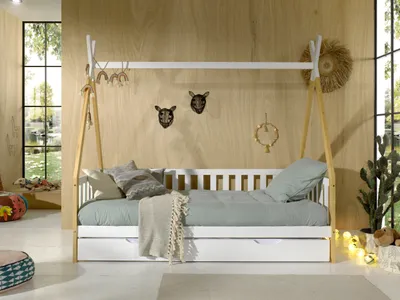 Produktbild von Vipack - Tipi Kojen Bett mit Umrandung, Dachgestänge, Rolllattenrost und Bettschublade (Weiß), Liegefläche 90 x 200 cm, Ausf. Kiefer massive natur und weiß lackiert