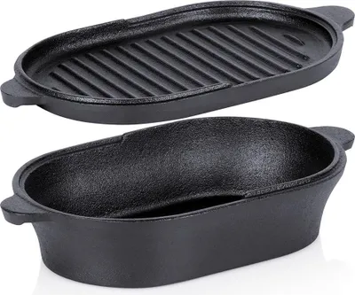 A black cast iron oval pot and its grill lid are displayed separately against a white background.