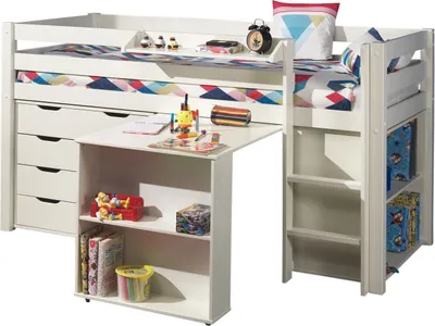 Produktbild von Kinderbett Karolina 210x114x106 Massivholz+MDF Weiß Kommode Regal