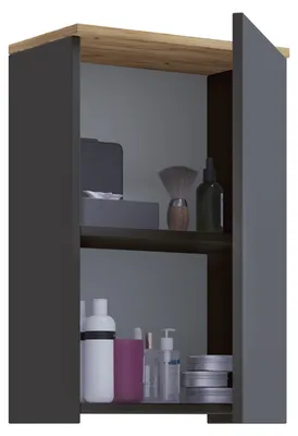 Image de Meuble de salle de bain en bois composite, meuble mural avec 1 porte et 2 étagères, dimensions : H 59 x L 40 x P 22 cm, mobilier de salle de bain moderne – Cosila