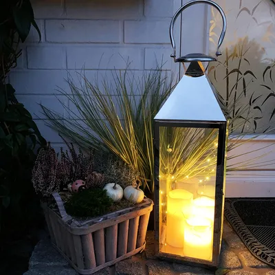 Productafbeelding van XXL roestvrijstalen lantaarn, 54 cm, inclusief LED-lichtslingering en LED-kaars