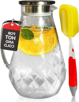 Produktbild von Diamantglaskan mit Deckel - 2,1 L - für Wasser oder Saft - Limonade, Iced Tea, Sangria - beigefügter Bürstchen