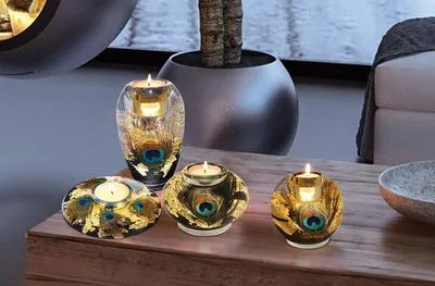 Zdjęcie produktu dla Gilde Dreamlight, Teelichtleuchter (LED), Mercur Maxi, "Pavos", Glas, schwarz, goldfarben, VE 2, H. 10 cm, D. 11 cm 72851 4009079728514