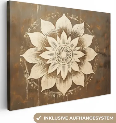 Produktbild von MuchoWow® - Leinwandbilder - Mandala - Blumen - Vintage - Weiß, Wandbild, Wanddeko Bilder Wohnzimmer, 120x90cm