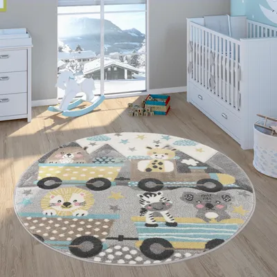 Produktbild von Kinderteppich Teppich Kinderzimmer Spielteppich 3D Effekt Tier Motiv Grau Gelb Grösse 120 cm Rund