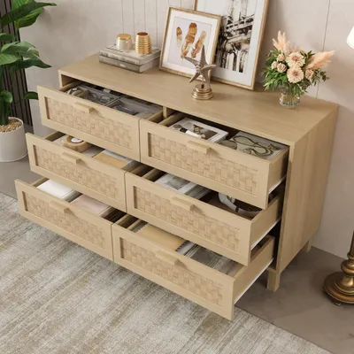 Image de Buffet avec 6 tiroirs, commode en bois naturel, aspect rotin, dimensions : 120 x 75 x 40 cm