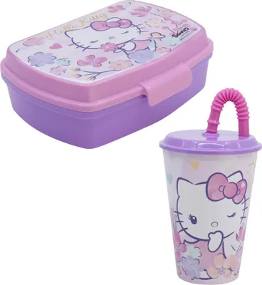 Produktbild von Hello Kitty 2 tlg. Lunch Set Brotdose Trinkbecher mit Deckel und Halm 430 ml