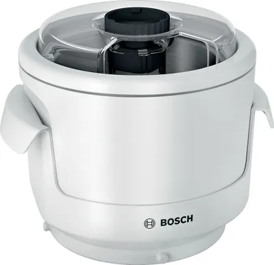 A white Bosch ice cream maker attachment.