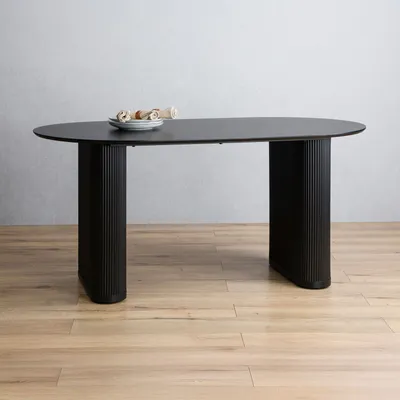 Produktbild von Esstisch MAXIM schwarz - moderner Tisch 160 x 90 cm, design Küchentisch oval mit Säulenbeinen und Lamellen, Esszimmertisch für 6 Personen