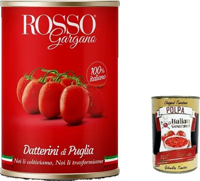 Produktbild von 48x Rosso Gargano pomodori Datterino di Puglia, Kirschtomaten von Apulia, Datteltomaten dosen 400g + Italian Gourmet polpa 400g