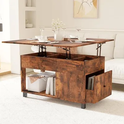 Imagen del producto de Mesa de centro con altura ajustable, extensible con tapa elevable y cajones, espacio de almacenamiento oculto, mesa auxiliar para el salón (color marrón)