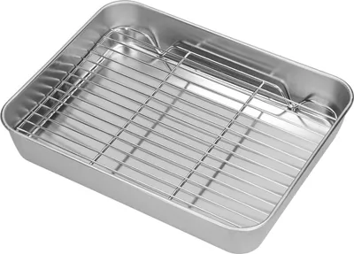 Productafbeelding van Roestvrijstalen Braadpan - Bakplaat met rek - Oven Gebruik - Anti-aanbaklaag - 26.5 x 20.5 cm - Zilverkleurig