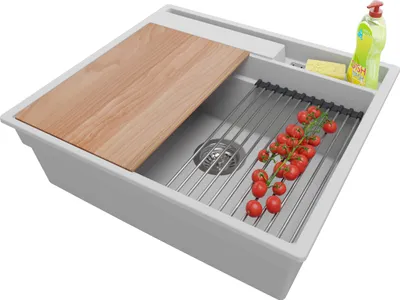 Produktbild von PRIMAGRAN Spülbecken Grau 58x53cm, Granitspüle 1 Becken + Ablauf-Set + Küchenzubehörset, Küchenspüle ab 60er Unterschrank - Oslo Pocket