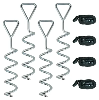 Produktbild von Bodenanker Schraube 4er Set 32 cm spiralförmige Trampolin Pfähle Anker mit Dreiecksgriff, verstellbare Gurte Silber