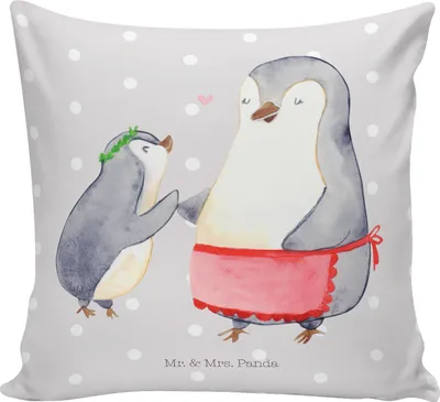 Produktbild von Mr. & Mrs. Panda kissen für sofa Pinguin mit Kind - Grau Pastell - Geschenk, Mutter, Dekokissen, Deko, bedruckt, Tochter, Muttertag, Zierkissen, Vorbild Mama