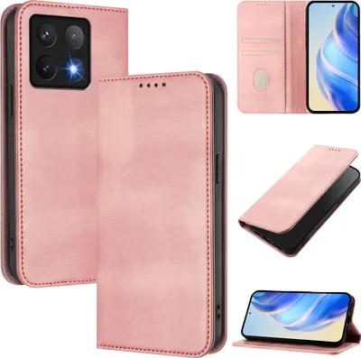 Image de Etui pour Xiaomi 14T, étui en cuir vintage avec protection RFID, fentes pour cartes, support Rose