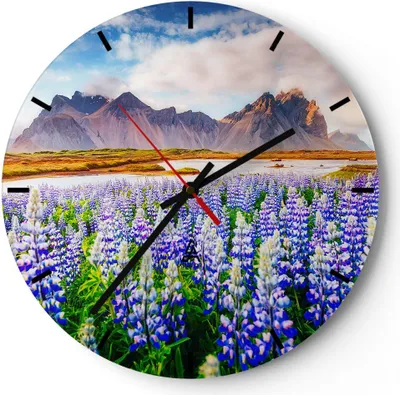 Produktbild von Wanduhr - Rund - Glasuhr - Berge Wiese Blumen - 40x40cm - Schleichendes Uhrwerk - Lautlos - zum Aufhängen bereit - Dekoration Modern - Wanddekoration aus Glas - C3AR40x40-4114