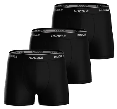 Produktbild von HUDDLE Herren Boxershorts, 3er Pack - Baumwollmischung, Logobund, einfarbig Schwarz 2XL