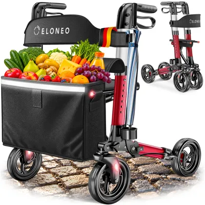 Produktbild von ELONEO Rollator faltbar und leicht mit Sitz, Leichtgewicht-Reiserollator aus Aluminium, Gehhilfe 8-fach höhenverstellbar, Laufhilfe 3-fach faltbar