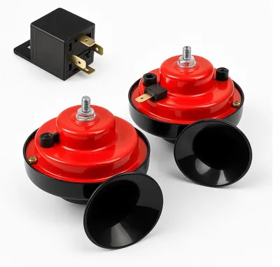 Image de Kit complet de klaxon à deux tons, type « escargot », 12 V (2 broches) avec relais – pour voitures, jeeps, fourgonnettes, bus et motos