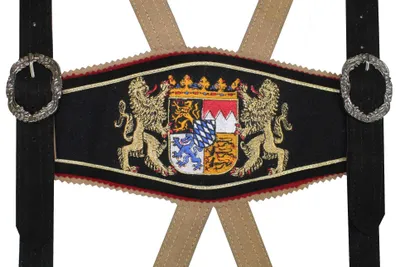 Image de GermanWear, bretelles de style traditionnel, modèle lederhosen avec broderie représentant l'emblème bavarois, couleur : noir