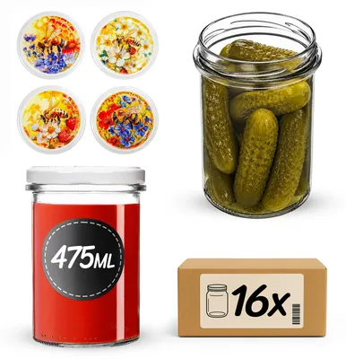 Produktbild von KADAX Einmachgläser 475ml mit Ø 82 mm Schraubdeckel, Marmeladengläser, Schraubgläser zum Einkochen, Einmachen und Aufbewahren von Marmelade & Honig (Biene auf Blumen, 16 Stück)