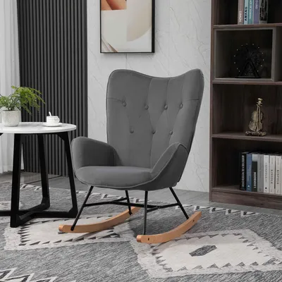 Produktbild von Schaukelstuhl mit Steppung, Relaxsessel, Holzkufen Samtoptik, Dunkelgrau | 65x70x96 cm | bis 150 kg | Skandinavisches Design