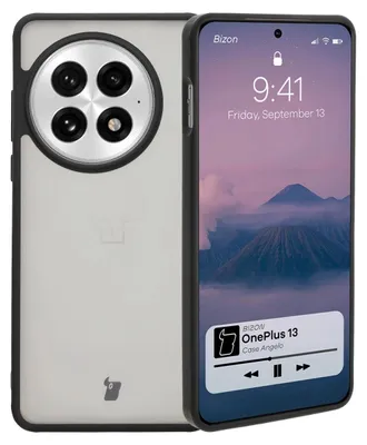 A smartphone case is shown next to a smartphone displaying a music player interface.