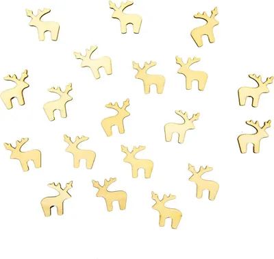 A collection of small, wooden reindeer cutouts scattered on a white background.
