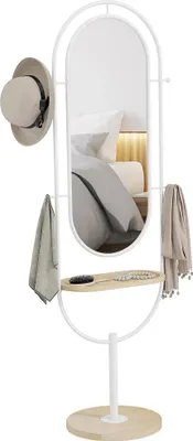 Produktbild von Ganzkörperspiegel - Standspiegel - 175,5 x 50 cm - Metallrahmen - Holzablage - 4 Haken - Montage erforderlich - Schlafzimmer & Wohnzimmer - Weiß