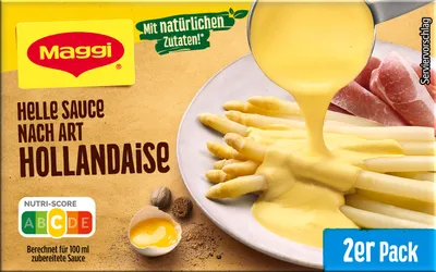 The image shows the packaging of a Maggi Helle Sauce nach Art Hollandaise.