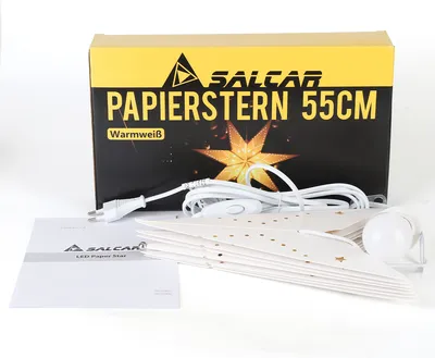 A product box for a SALCAR paper star light, along with the unfolded paper star and instructions.