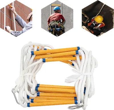 A collage of images showing people using safety equipment and a close-up of a rope ladder.