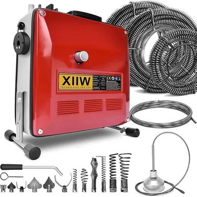 Image de Machine de nettoyage de canalisations de 850W. Appareil de nettoyage de canalisations pour tuyaux de diamètre 20 à 200 mm. Équipé de 12 têtes et d'une spirale de 21 mètres (diamètre 22 mm), 14,5 mètres (diamètre 16 mm) et 5 mètres (diamètre 10 mm). Nettoyeur de canalisations électrique, idéal pour déboucher les éviers et les tuyaux