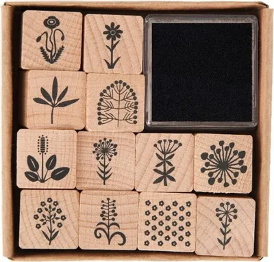 Produktbild von Rico Design Holzstempel Set mit Blumenmotiven in Natur 12 Stück