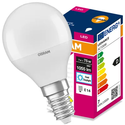 Obrázok produktu pre LED žiarovka E14, tvar guľky (P45), 7W = 75W, 1055 lm, 6500K (studená biela), uhol svietenia 160°, séria VALUE CLASSIC, výrobca Osram, Obrázok generovaný UI
