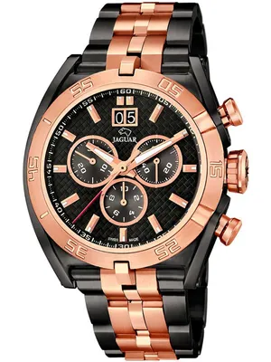 A close-up studio shot of a Jaguar chronograph watch with a black dial and rose gold accents.