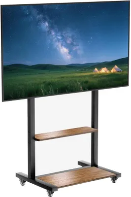 Immagine prodotto di Azomor: supporti TV regolabili con rotelle e mensola in legno per televisori di grandi dimensioni