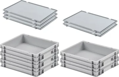 Produktbild von SuperSparSet 5x Eurobehälter mit geschlossenem Griff und Scharnierdeckel | HxBxT 7,5x30x40cm | 9 Liter | Grau | Eurobox, Transportbox, Transportbehälter, Stapelbehälter