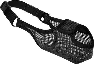 A black mesh dog muzzle is shown against a white background.