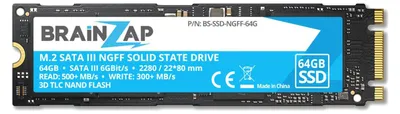 Produktbild von BRAINZAP 64GB M.2 NGFF SATA III SSD 6 GBit/s - 500MB/s Lesen 300MB/s Schreiben Solid State Drive