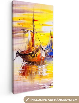 Produktbild von MuchoWow® - Leinwandbilder - Malerei - Boot - Wasser - Ölfarbe, Wandbild, Wanddeko Bilder Wohnzimmer, 20x40cm