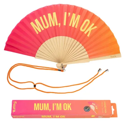 Immagine prodotto di Fisura – Originale ventaglio a mano con la scritta "Mum, I'm ok". Ventaglio in legno moderno e divertente. Ventaglio con sfumature rosa. Ventaglio con supporto