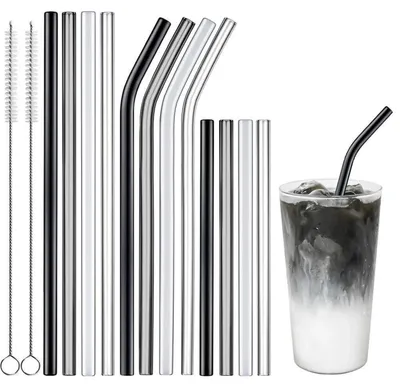 Produktbild von Glasstrohhalme wiederverwendbar 12er Set BPA-frei gerade & gebogen mit Reinigungsbürsten für Heiß- und Kaltgetränke